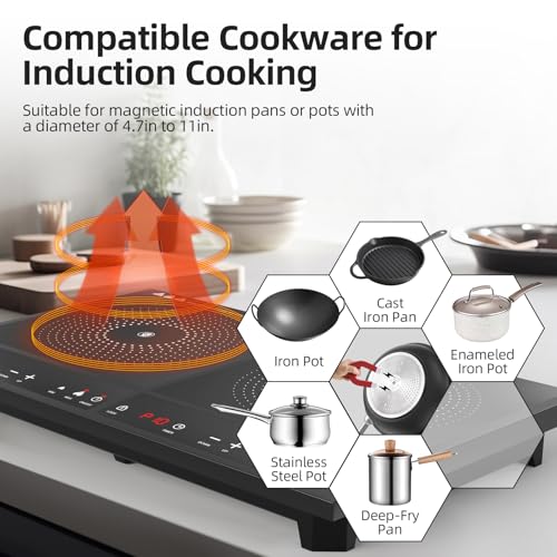Double Induction Cooktop,Portable Induction Cooker with 2 Burner Independent Control,Ultrathin Body,10 Temperature,1800W-Multiple Power Levels,3 Hour Timer,Safety Lock
