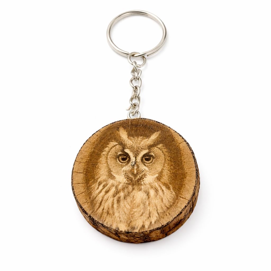 Promotech Owl in Tree Hole Handmade Laser Engraved Single Piece Wooden Keyring, natural wood, W5L5