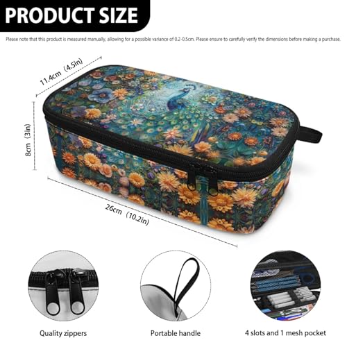 Image of Girls Pencil Case Peacock Flower Pencil Pouch Large Storage,Pencil Organizer for Kids Aesthetic Pencil Bag for Children Boys Sturdy Pen Box with Protable Handle Handbag Cion Purse