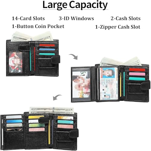 Genuine Leather Wallet for Men Large Capacity RFID Blocking Bifold Wallet with Coin Pocket and 3 Clear ID Windows for Cards and Daily Essentials (Black Texture)2