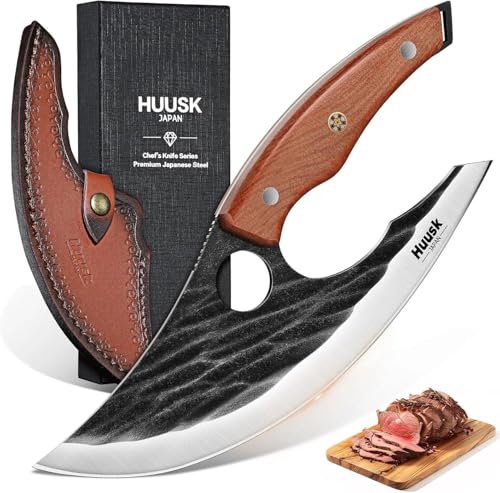 Huusk Japan Ulu Knife with Sheath - Christmas Gift for Men and Women - Hand Forged Caveman Ultimo Knife with Full Tang Wooden Handle - BBQ Knives for Vegetables, Fruit, Pizza