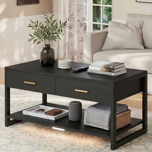 Image of Multi-Functional Coffee Table with Foot-Sensor Light, 2 Large Drawers & Open Shelf, Sturdy Frame Versatile Coffee Table with Vintage Metal Handle for Living Room /Office /Outdoor Patio