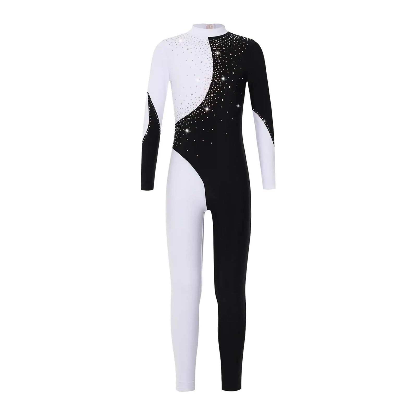 Justocorp De Gym Fille Combinaison de gymnastique for adolescentes, manches longues, strass brillants, body de gymnastique for patinage sur glace, justaucorps de danse de Ballet(Black White,8)