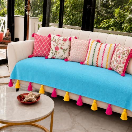 WWW.THROWPILLOW.IN Blue 3 Seater Sofa Cover with Tassels |Three Seater Anti-Slip 3 Seater with Tassels|Sofa Throws for 3 Seater:Seat Cover-Fits 3 Seater Sofa Seat Tassel Sofa Throw