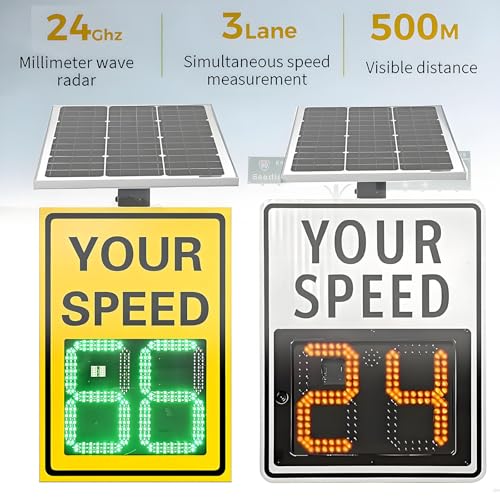 Señal de límite de velocidad de radar alimentada por energía solar, tablero de advertencia LED de retroalimentación de tráfico con pantalla de 3 dígitos para monitoreo de velocidad