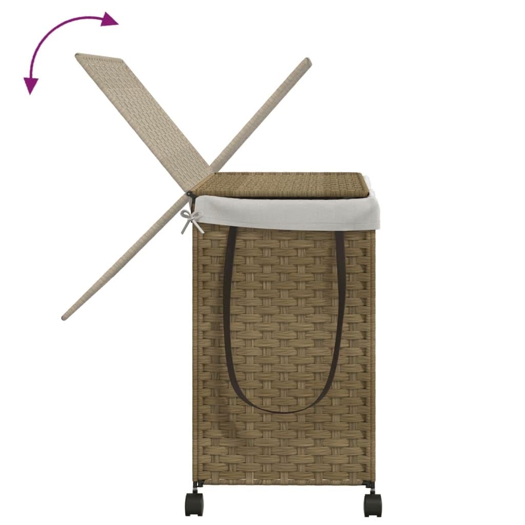 Kosz na pranie na kółkach 60 x 35 x 60,5 cm, rattanowy kosz na pranie z 3 przegródkami, do sortowania, do łazienki, mieszkania, ze składanym wzorem i 4 rolkami