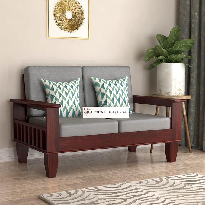 Image of KINGS HOME FURNITURE Sheesham Wooden 2 Seater Sofa for Living Room | Rosewood 2 Seater Cushion Sofa with Side Newspaper Holder for Home & Office | Solid Wood Sofa Set for Lounge (-Mahogany Finish)