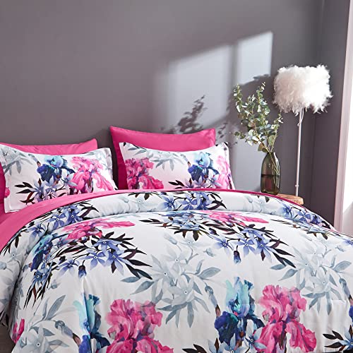 Zeimon 7 Piece Bed In A Bag Queen Floral Comforter Set, Pink And Blue Botanical Flowers Leaves Comforter And Sheet Set, Soft Lightweight Microfiber Bedding Sets For All Season(White,Queen) #TOP3