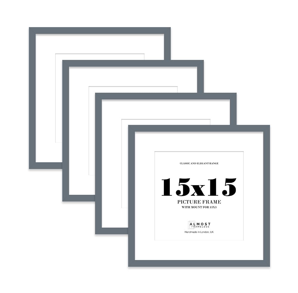 15x15 Grey Picture Frame with Mount for 13x13 Photos, Prints - Modern Square Wall Frame, Set of 4
