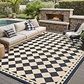 HUGEAR Outdoor Rug for Patios Clearance,Waterproof Mat,Large Outside Carpet,Reversible Plastic Straw Camping Rugs,Rv,Porch,Deck,Camper,Balcony,Backyard (8x10,Checkered/Black&Beige)