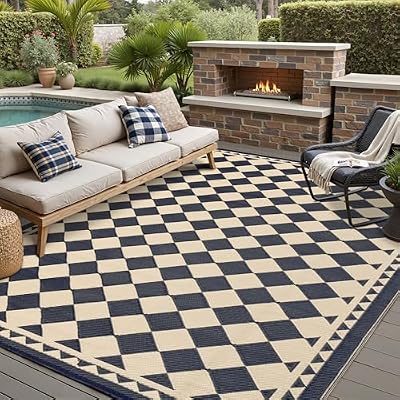 HUGEAR Outdoor Rug for Patios Clearance,Waterproof Mat,Large Outside Carpet,Reversible Plastic Straw Camping Rugs,Rv,Porch,Deck,Camper,Balcony,Backyard (8x10,Checkered/Black&Beige)