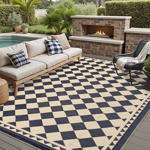 HUGEAR Outdoor Waterproof Rug 10'x14' Plastic Straw Rugs Washable Reversible