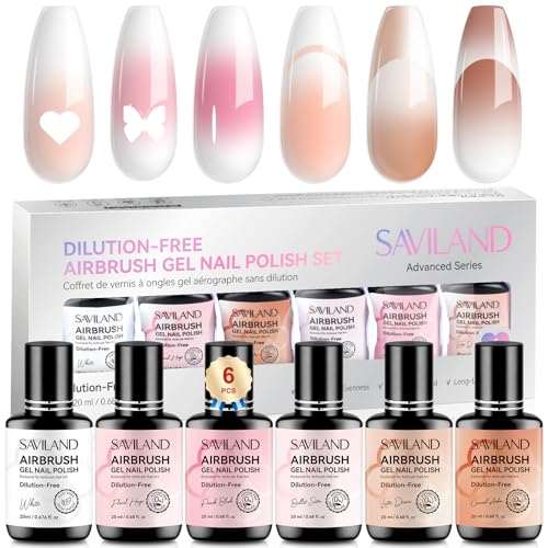 Image of SAVILAND Dilution-Free Airbrush Gel Nail Polish: 6PCS 20ml White Pink Nude Airbrush Paint for Nails 0-Acetone Non-Toxic Airbrush for Nails Gel 28 Days Lasting for Ombre French Nail Art Party