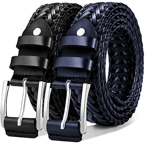 KEMISANT Mens belt 2 Pack, Woven Braided Leather Belt for Men Causal Golf Pants Polo Shirts Matching, Black/Blue2370, Large Cover