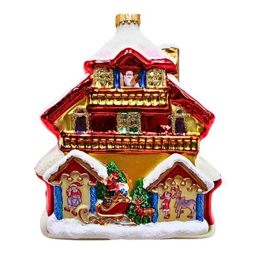 Dekohelden24 Lauschaer Christbaumschmuck - Christbaumkugeln Lauscha, Glaskugeln, Weihnachtsbaumkugeln, Glasornament Santa Claus Haus, Glashaus in bunt, aus Lauscha, L/B/H 10 x 4 x 13 cm.