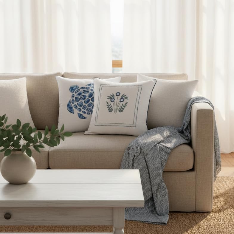 Image of Coastal Essence White & Blue Embroidered Cushion Cover Set of 2