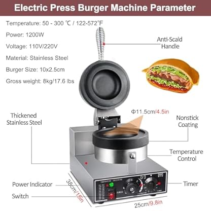 ZEEKYFOR Kommerzielle Burger-Maker-Presse 1200 W, EIS-Burger-Maker, elektrische Burger-Presse, beidseitige Heizung, 50–300 °C – Bild 6