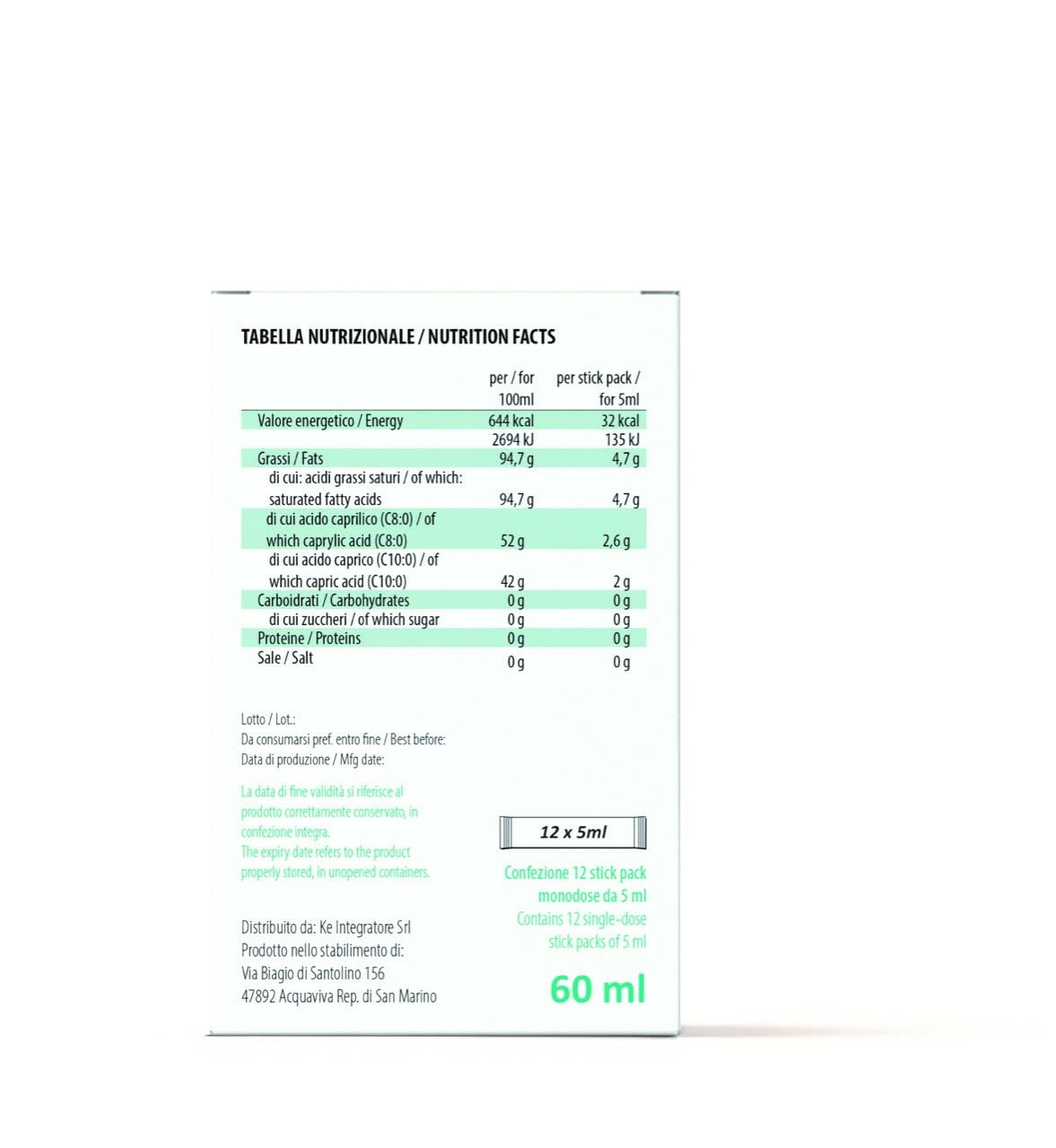 Keto Booster, MCT Oil Puro 100%, 12 Stick Pack Monodose da 5 ml, Trigliceridi a Catena Media, Senza Glutine