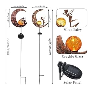 Teresas collections 2pcs fairy moon lights solar for garden decor outside metal yard art lawn ornaments with crackle glass ball angel decorative stake for patio porch decor gifts for grandma mom  urban country home decor