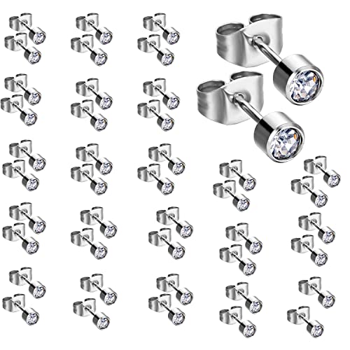 20 Pairs 4MM Surgical Stainless Steel Stud Earrings with Cubic Zirconia