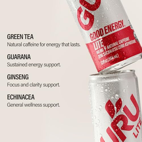 Image of GURU Organic Energy Drinks Variety Pack, Clean Energy Drink with Plant Based Natural Caffeine from Green Tea, Gluten Free and Vegan, 140MG Caffeine, Healthy Drinks, 12 oz, Pack of 12