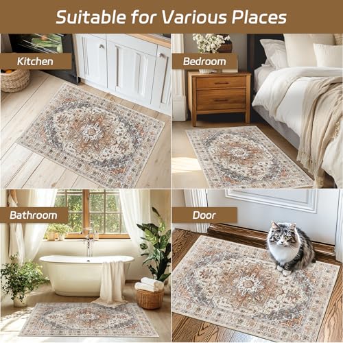 Madane Washable Area Rug 2x3, Small Entryway Rug Non-Slip Vintage Door Mat Indoor Entrance, Low Pile Floor Carpet for Inside Front Door Bedroom Kitchen Entry Laundry (2'x3', Turmeric/Grey)