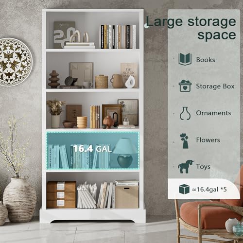 Image of TVU 5-Tier Wooden Book shelf, 65 inchH x 31.5 inchW x 9.9 inchD Bookshelf with Storage, Floor-Standing Display Bookcase, Farmhouse Style Bookshelf with Arched Base, Suitable for Living Room, Study, Office, White