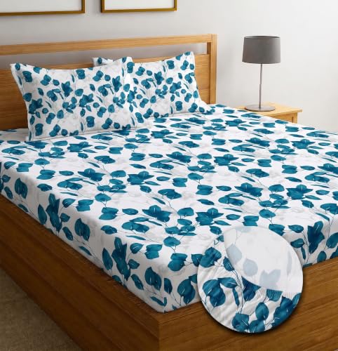 Image of IVAZA Ezyption Cotton Super Soft 240 TC Elastic Fitted All Around Elastic Printed King Size Double Bed Bedsheet with 2 Pillow Cover 72 inch X 78 inch3 White Blue Leaf