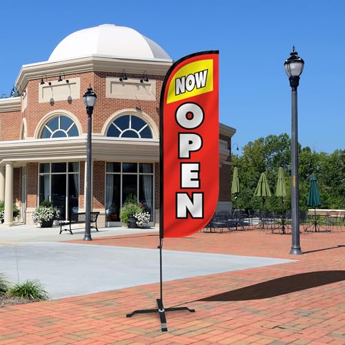 Image of LookOurWay Feather Flag Set - 5ft Tall Advertising Banner Flag with Pole Kit and X-Stand for Business Promotion - Now Open Red /Yellow