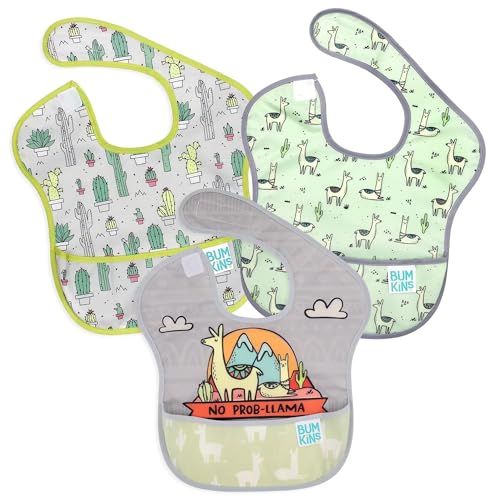 Image of Bumkins Bibs for Girl or Boy, SuperBib Baby and Toddler for 6-24 Months, Essential Must Have for Eating, Feeding, Baby Led Weaning Supplies, Mess Saving Catch Food, 3-pk No Prob-Llama, Cactus, Llamas