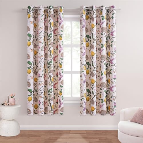 Image of Topfinel Pink Blackout Window Curtains 72 Inch Length 2 Panels for Girls Bedroom, Spring Light Pink Cute Fancy Cottage Core Princess Floral Hummingbird Patterned Grommet Blush Pink Curtains Nursery