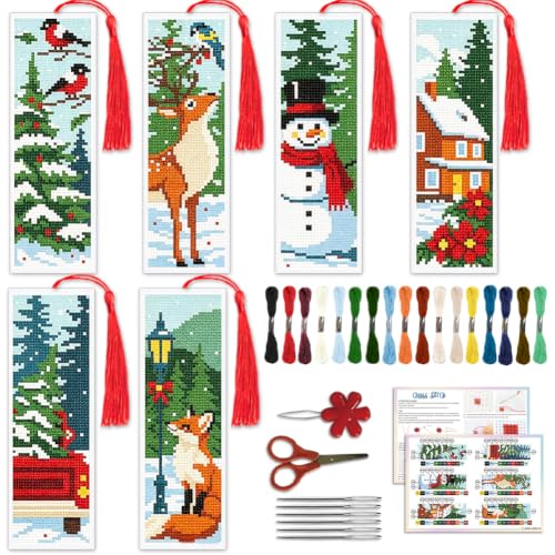 Image of ACRNIGHEET 6PCS Cross Stitch Bookmark Kit (Winter Forest Pattern)