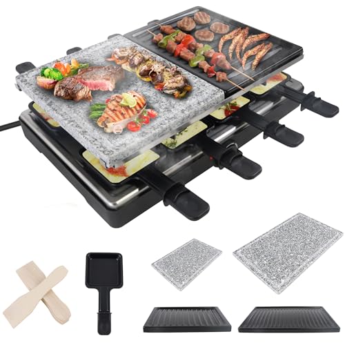 SUBTLETY Appareil à raclette pour 8 personnes 1400 W avec plaque de cuisson en granit, poêles antiadhésives, 8 petits plateaux et 8 spatules en bois, grill de table double couche