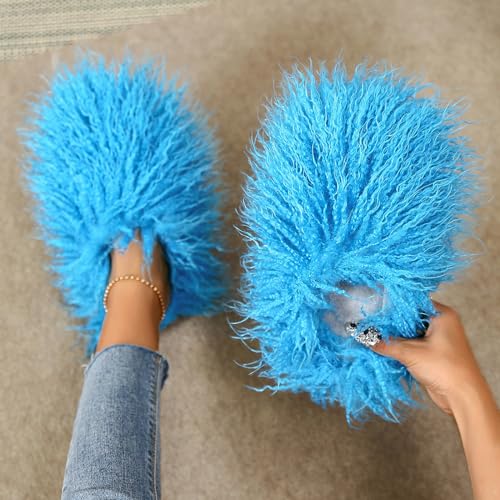 Image of Unisex Fuzzy Faux Fur Slippers, Women's Fluffy Long Hair Sheep Faux Fur Slip on Slides, Girls Luxury Big Fluffy Outdoor Flat Slippers, Long Curly Hair Non-Slip Warm Home Slide Shoes