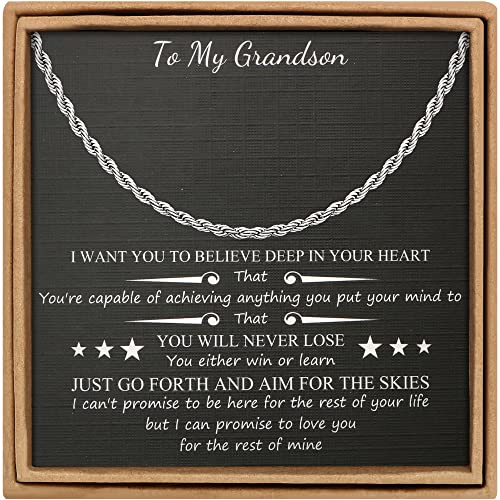 Image of JoycuFF Gifts for Grandson Unique Birthday Rope Chain Necklace form Grandma Grandpa Stainless Steel 3MM 22 Inches Hip Pop Jewelry for Men