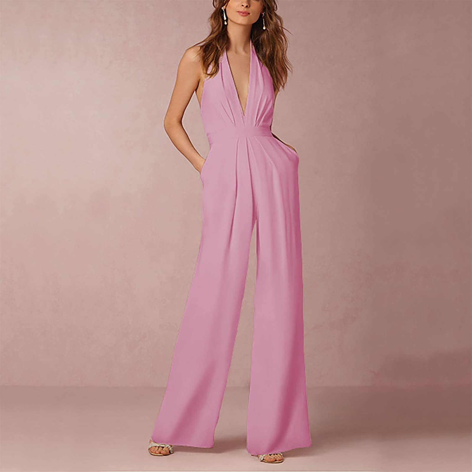 Generisch Jumpsuit Damen Elegant Festlich Lang Jumpsuits Für Damen Hochzeit V Ausschnitt Overall Frauen Weites Bein Overalls Neckholder Rückenfrei Hosenanzug Hochzeitsgast Playsuit Ärmellos Onesie