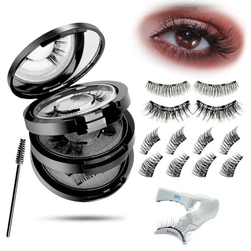 Magnetic Eyelashes Kit 4 Pairs Magnetic Lashes Natural Look with Applicator Wispy Strip & 3/4 Half Lashes Style No Glue Reusable False Lashes with 4-Magnet Upgrade for Daily Use