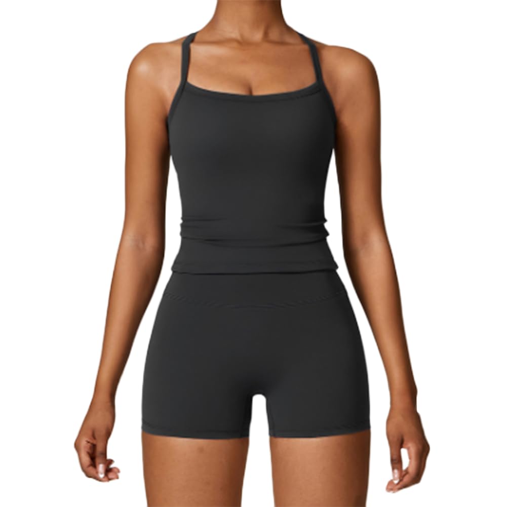 JPXJGT Workout Cross Strap Fitness Vest High Waist Tight Fit Yoga Shorts Yoga Set(Size:S,Color:Black)