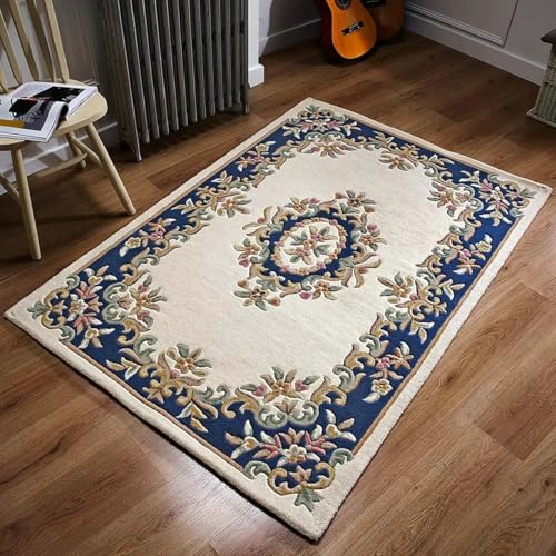 Image of Hand-Tufted Wool Carpet for Living Room 6x8 feet Ivory Blue Traditional Design Anti-Skid High Pile Thick Carpet & Rugs for Bedroom & Hall