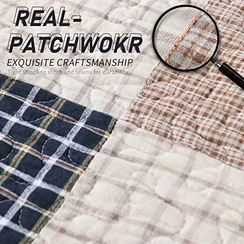 Kaloola King Quilt Sets, Cotton Quilt King Size, Real Patchwork Quilt Bedding Set Bedspread, Tan Brown Beige Quilt For King Bed, Farmhouse Rustic Lightweight Plaid Quilt, 3 Pieces #TOP5