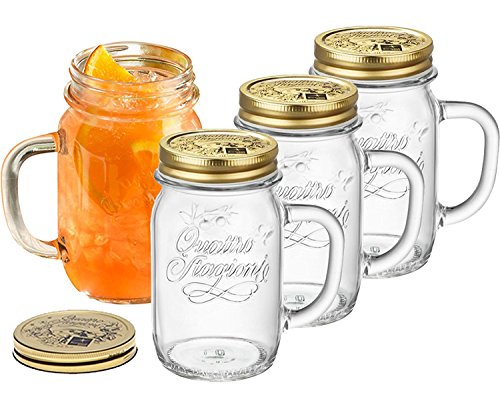 Bormioli Rocco Italian manico in vetro barattolo, tazze, 396,9 gram (4 pezzi), colore: Oro, con coperchio e panno