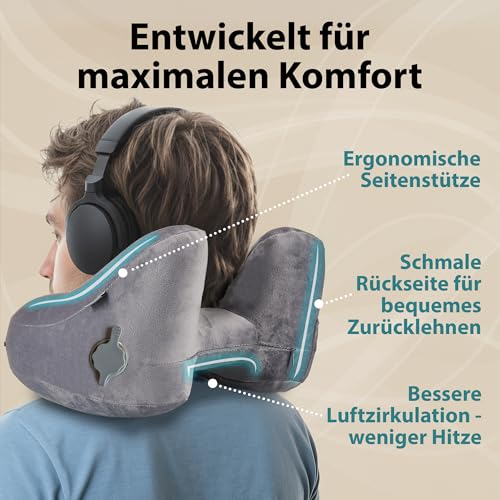 FLOWZOOM Air Nackenkissen Flugzeug in H-Design, Reisekissen für 5 Schlafpositionen, schnell aufblasbar & druckregulierbar, Nackenhörnchen mit Abnehmbarer Kapuze & Plüschbezug - Größe L, Grau