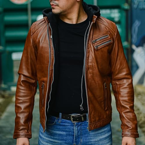 Image of Jild Hooded 2.0 Leather Jacket Men - Genuine Lambskin Leather Bomber Jacket with Removable Hood for Mens Fashion