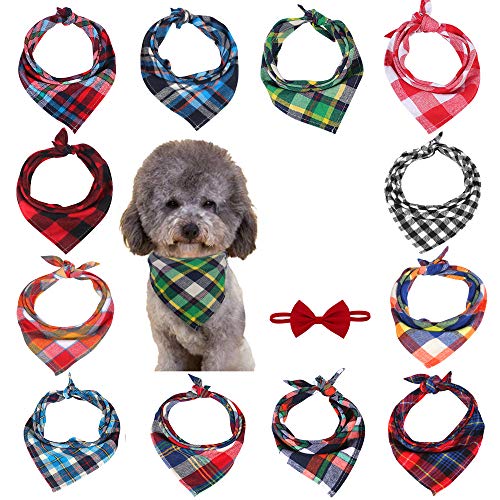 CGBOOM 12 Pieces Small Dog Bandanas, Triangle Dog Scarf Washable Pure Cotton Reversible Plaid Printing Bibs Dog Kerchief Set Suitable for Small or Medium-Sized Cat and Dog Pets