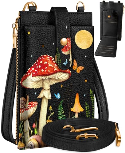 Phone Purse Crossbody Bags for Women - Leather Small Cell Phone Wallet RFID Blocking with Card Slots & Adjustable Strap Cute Designer Aesthetic Cross Body Bags, Moon Mushroom