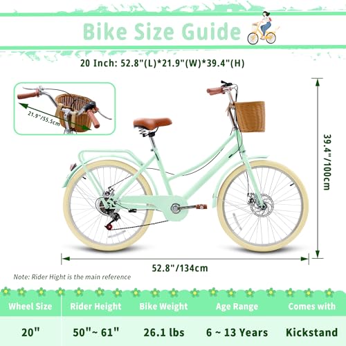 DEYGIA Kids Bike, Retro Cruiser Bike for Girls, 20 Inch 7-Speed Kids Bicycles for Ages 6-13 Girls Youth with Rattan Basket, Dual-Disc Brake Carbon Steel Frame Lightweight Bicycle, Light Green