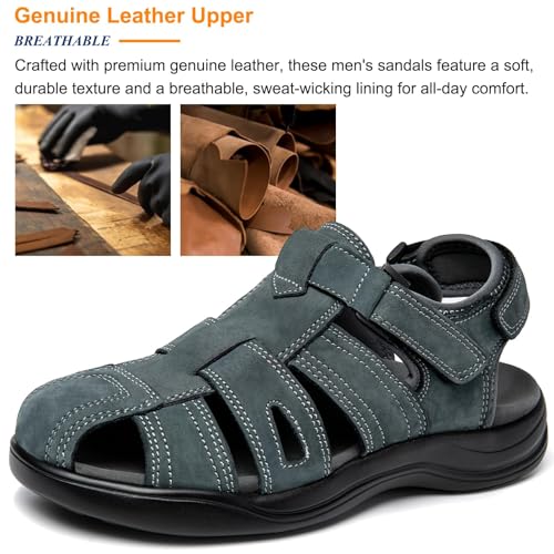 Mens Fisherman Leather Closed Toe Sandals Adjustable Comfortable Walking Dress Casual Sandalias Whith Memory Foam Summer Outdoor Athletic Grey3