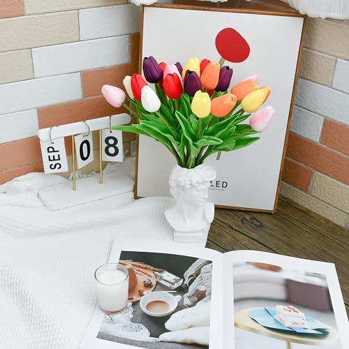 Image of ONLY ART Artificial Multicolor Tulips 20 Pcs - 13.5 Inch PU Faux Flowers with Bendable Stems for Home Decor, Wedding Centerpieces, DIY Floral Arrangements, New Year and Valentine's Day