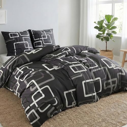 Leonado Vicenti 4 teilige Bettwäsche Mikrofaser 135x200 cm Kreise Grau schwarz mit Reißverschluss Sparset 2 Kuscheli® Bettwäsche 135x200 4 teilig | ÖkoTex Zertifiziert & für Allergiker geeignet |Bettwäsche Set mit je 2 Bettbezügen 135 x 200 & Kissenbezügen 80x80 | modern Karos