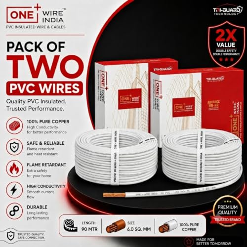 Image of 90m PVC Copper Electrical Wire (Pack of 2), White, 6.0 mm